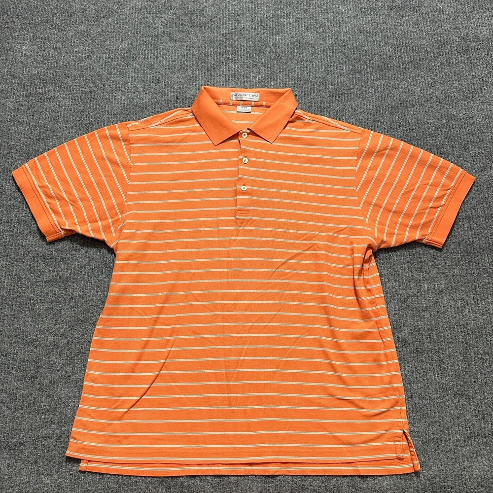 Martin Timeless as the Game Mens Polo Shirt Size L Orange Striped Short Sleeve
